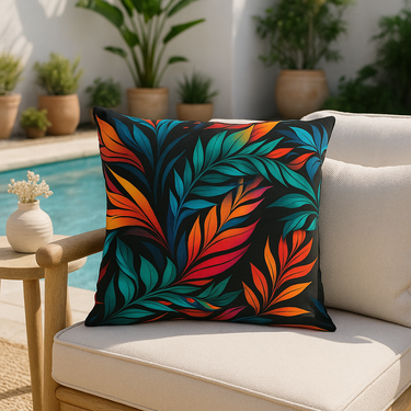 Colorful leaf-patterned tropical pillow on a white outdoor sofa with a pool and plants in the background
